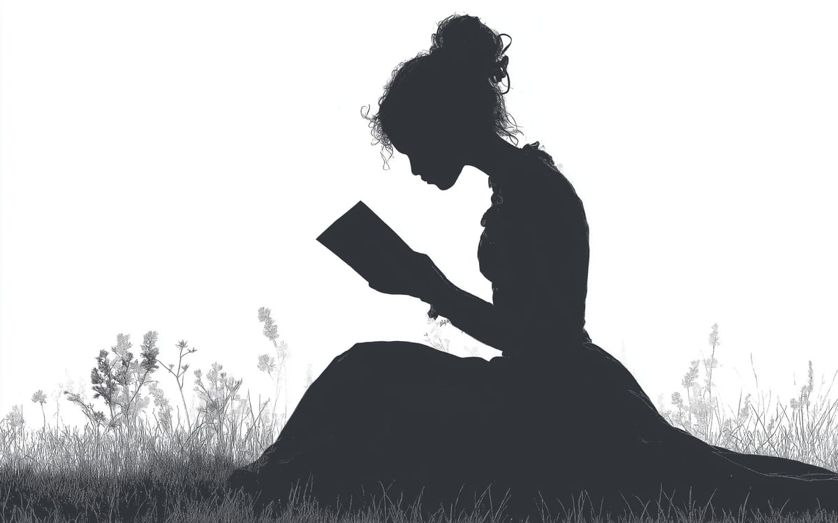 Silhouette of a woman reading in a meadow, the Eleanor motif
