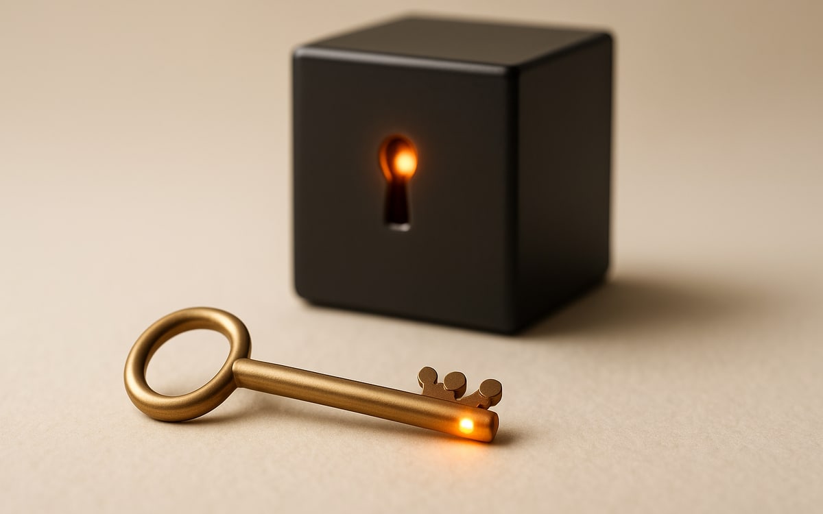 A brass key with commit-node teeth resting in front of a sealed black vault with a glowing keyhole
